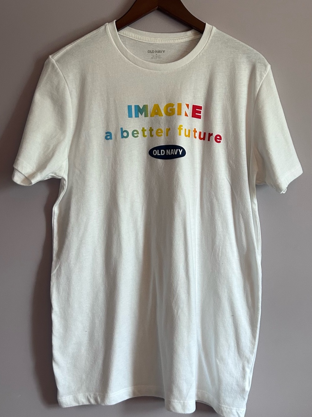 Old Navy Graphic Short Sleeve T-Shirt With Rainbow Text Slogan Size Medium